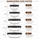 Kit 5 Potes de Vidro Hermético com Tampa Redondo Empilhável para Cozinha Marmitas Alimentos