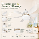 Ventilador 60w/80w de Teto Silencioso LED 3 Cores Bulbo 12w com Controle Bivolt 6 Pás Branco Potente