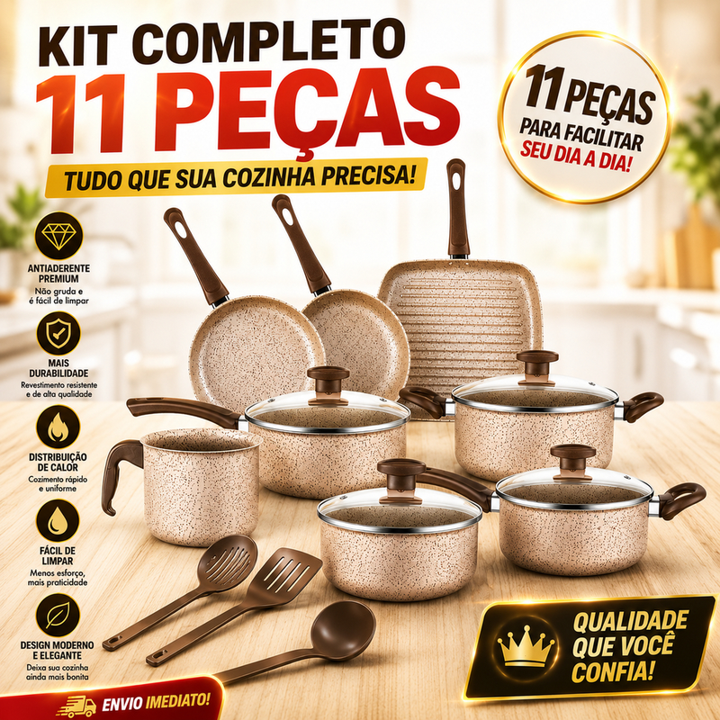 Jogo de Panelas Antiaderente Peças - Com Tampas de Vidro e Utensílios, Cabos Térmicos
