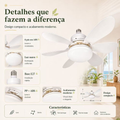 Ventilador 60w/80w de Teto Silencioso LED 3 Cores Bulbo 12w com Controle Bivolt 6 Pás Branco Potente